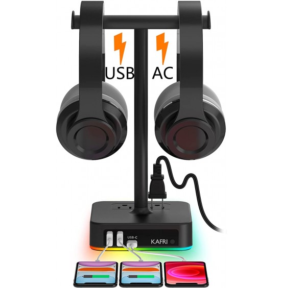 KAFRI RGB Headphone Stand with USB Charger Desk Gaming Headset Holder Hanger Rack with 3 USB Charging Port and 2 Outlet - Suitable for Gamer Desktop Table Game Earphone Accessories Boyfriend Gift KAFRI RGB Headphone Stand with USB Charger Desk Gaming Headset Holder Hanger Rack with 3 USB Charging Port and 2 Outlet - Suitable for Gamer Desktop Table Game Earphone Accessories Boyfriend Gift