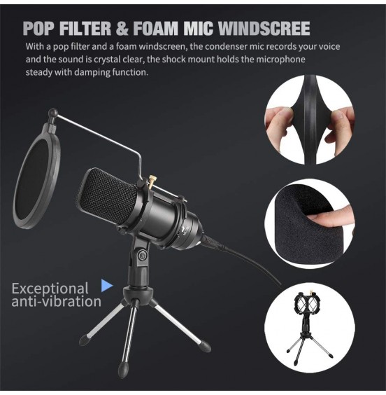 USB Microphone, Professional Condenser Computer PC Mic with Tripod Stand, Pop Filter, Shock Mount for Gaming, Streaming, Podcasting, YouTube, Voice Over, Skype, Twitch, Compatible with Laptop Desktop USB Microphone, Professional Condenser Computer PC Mic with Tripod Stand, Pop Filter, Shock Mount for Gaming, Streaming, Podcasting, YouTube, Voice Over, Skype, Twitch, Compatible with Laptop Desktop