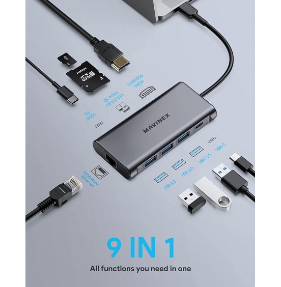 USB C Hub 9 in 1, MAVINEX USB C Adapter 4K to HDMI, 100W Power Delivery, 5Gbps USB-C Data Port, 3 USB 3.0 Ports, MicroSD/TF, 1Gbps Ethernet Docking Station for MacBook, Dell XPS, More Type C Devices USB C Hub 9 in 1, MAVINEX USB C Adapter 4K to HDMI, 100W Power Delivery, 5Gbps USB-C Data Port, 3 USB 3.0 Ports, MicroSD/TF, 1Gbps Ethernet Docking Station for MacBook, Dell XPS, More Type C Devices