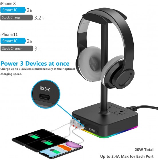 KAFRI RGB Headphone Stand with USB Charger Desk Gaming Headset Holder Hanger Rack with 3 USB Charging Port and 2 Outlet - Suitable for Gamer Desktop Table Game Earphone Accessories Boyfriend Gift KAFRI RGB Headphone Stand with USB Charger Desk Gaming Headset Holder Hanger Rack with 3 USB Charging Port and 2 Outlet - Suitable for Gamer Desktop Table Game Earphone Accessories Boyfriend Gift