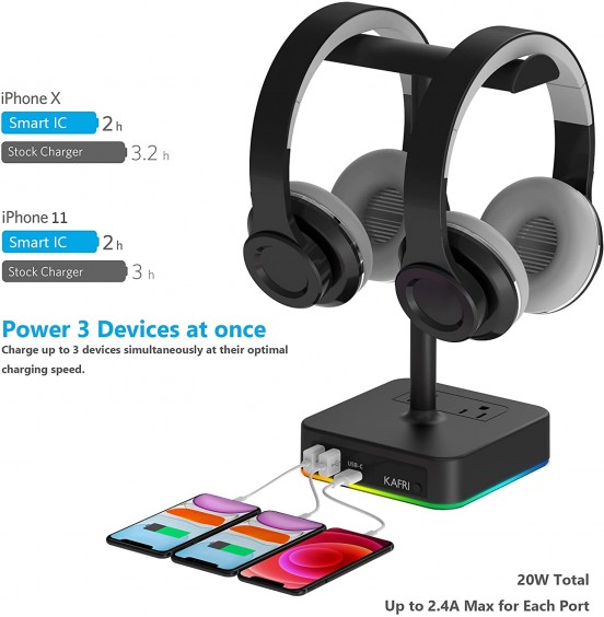 KAFRI RGB Headphone Stand with USB Charger Desk Gaming Headset Holder Hanger Rack with 3 USB Charging Port and 2 Outlet - Suitable for Gamer Desktop Table Game Earphone Accessories Boyfriend Gift KAFRI RGB Headphone Stand with USB Charger Desk Gaming Headset Holder Hanger Rack with 3 USB Charging Port and 2 Outlet - Suitable for Gamer Desktop Table Game Earphone Accessories Boyfriend Gift