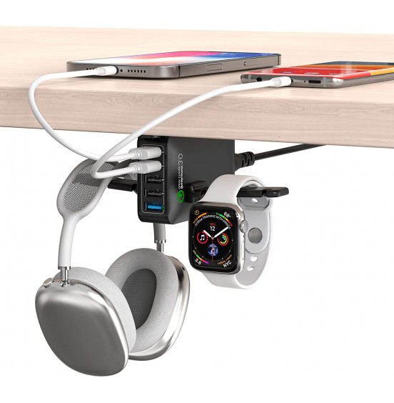 HORUMP Headphone Stand with 5 Port USB Charger, Under Desk Headset Hook Holder Hanger Mount with USB Charging Station and iWatch Stand Smart Watch Charging Dock Dual Earphone Hanger Hook HORUMP Headphone Stand with 5 Port USB Charger, Under Desk Headset Hook Holder Hanger Mount with USB Charging Station and iWatch Stand Smart Watch Charging Dock Dual Earphone Hanger Hook